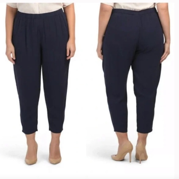 Eileen Fisher Tuxedo Stripe Ankle Pant in Navy Blue silk size Medium - Picture 1 of 9